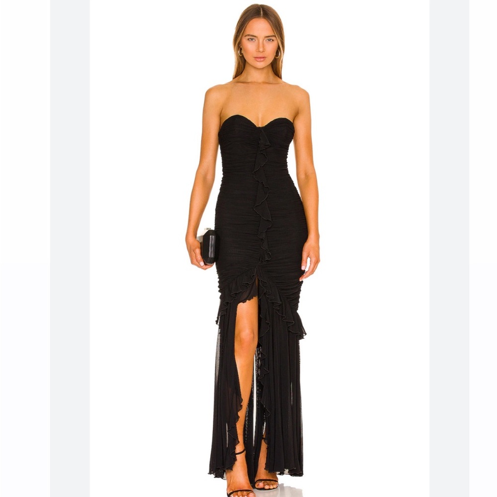 MAJORELLE Black Strapless Giules Gown Ruffled High-Slit Maxi Dress